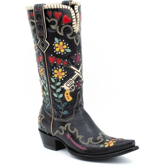 Women's Black Bluebonnet Floral Embroidered Fashion Country Boots Pointed Toe - Picture 3 of 6